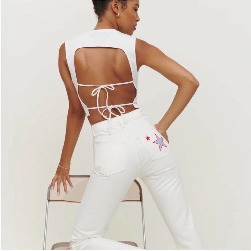 Reformation White Embroidered Star Straight Leg Jeans